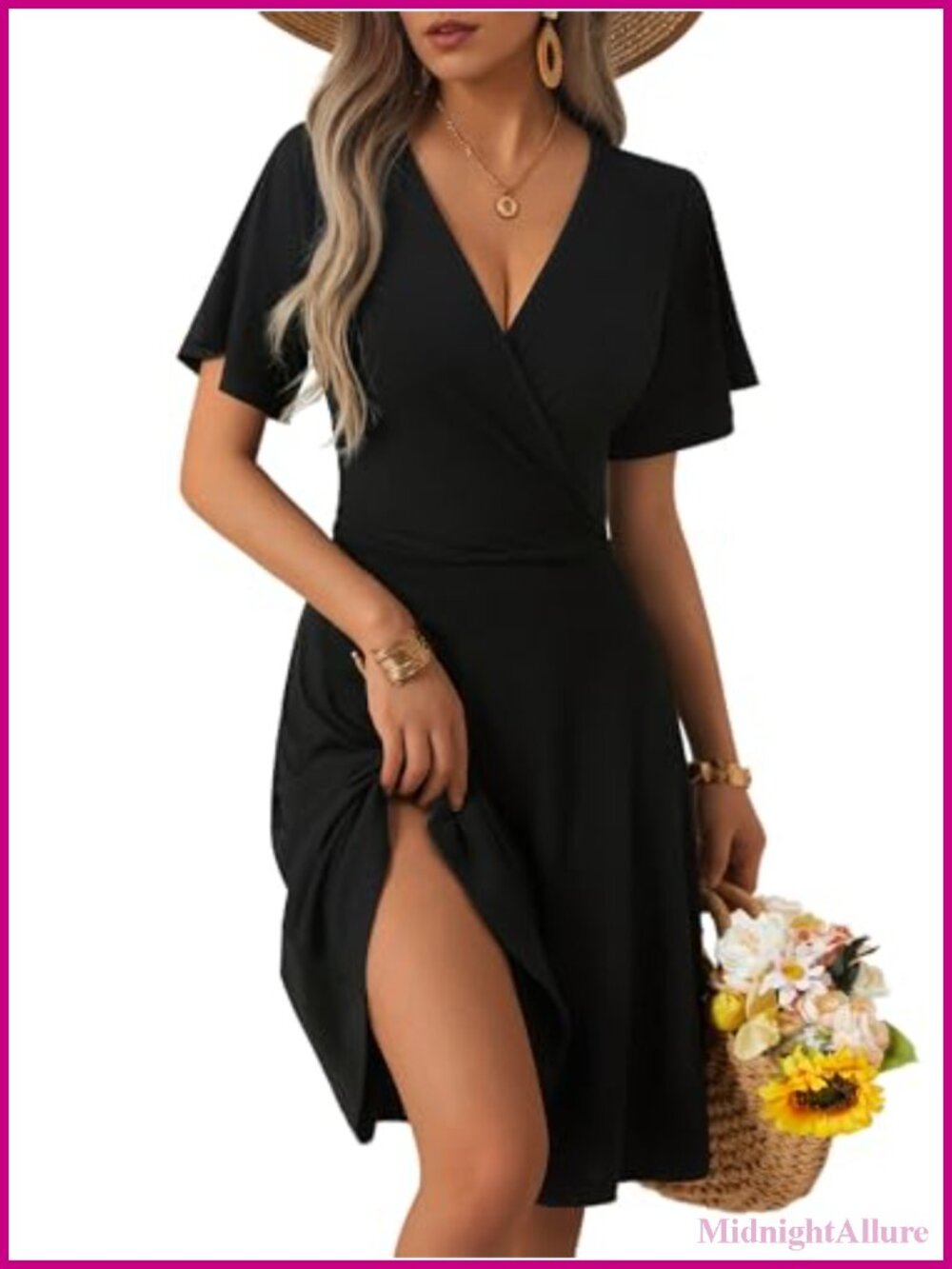 FENSACE Women Faux Wrap V Neck Ruffle Sleeve Flowy Midi Sundress